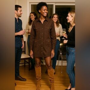 Y2K Bandolino stretch  brown jacket w/ antique brass snaps, belt loops (no belt)